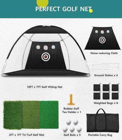 Golf Net: 10X7Ft Nylon Golf Practice Net for Backyard Driving, Chipping, Indoor/Outdoor Golf Hitting Net Upgraded High Elastic Nylon Mesh with Tri-Turf GLF Mat and Targets, Gift for Men, Golf Lovers