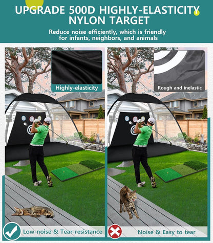Golf Net: 10X7Ft Nylon Golf Practice Net for Backyard Driving, Chipping, Indoor/Outdoor Golf Hitting Net Upgraded High Elastic Nylon Mesh with Tri-Turf GLF Mat and Targets, Gift for Men, Golf Lovers
